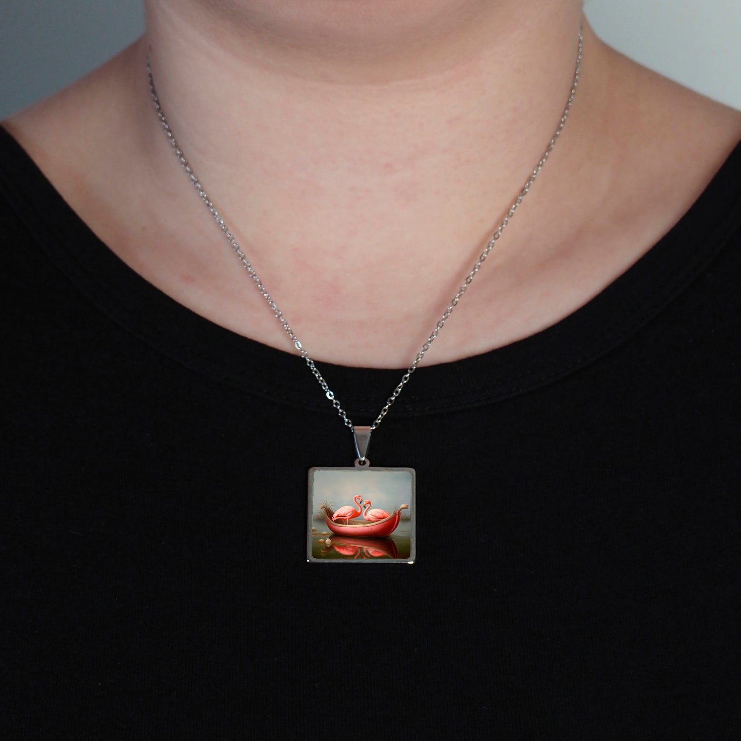 Loving Flamingos in a Boat Necklace 25mm