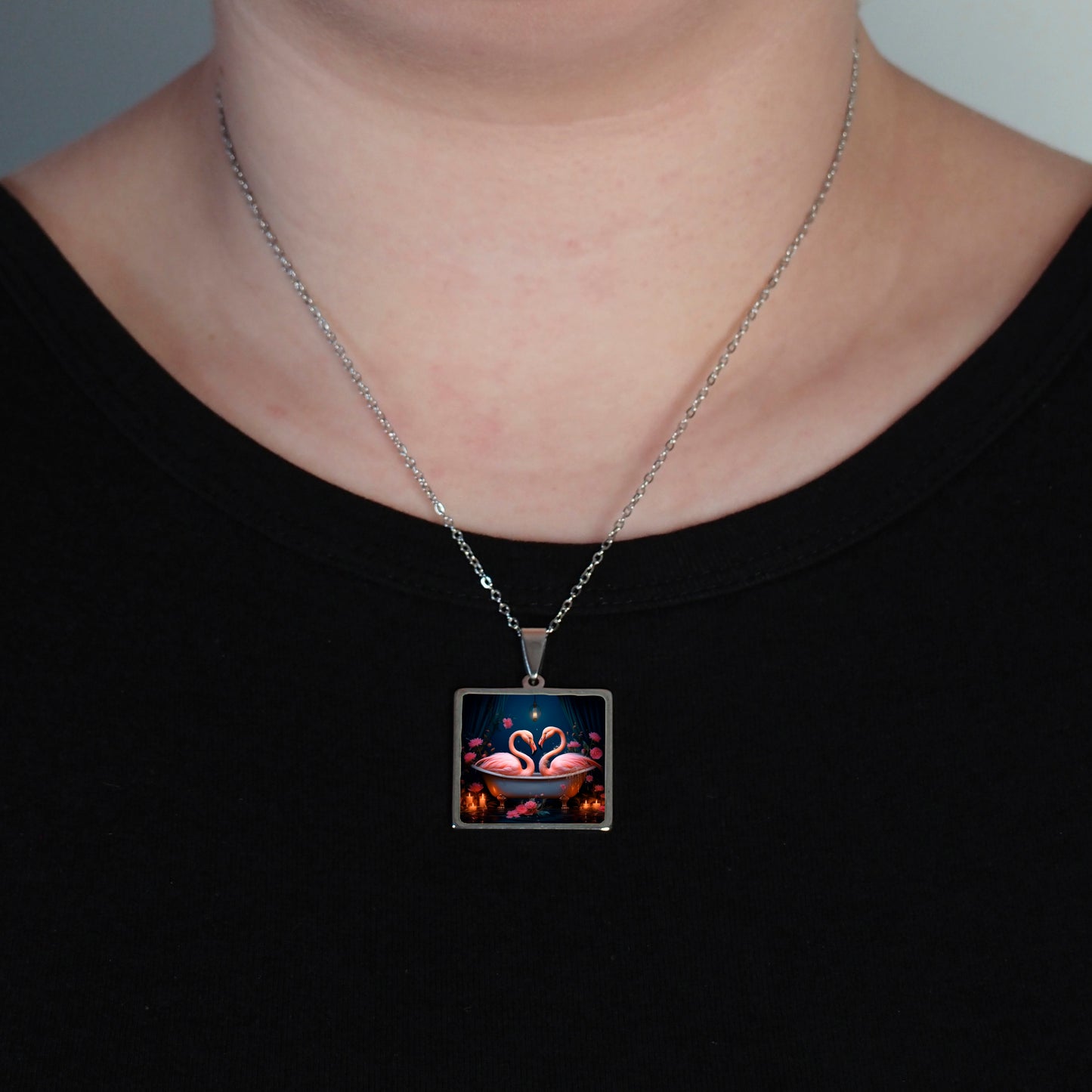 LOVING FLAMINGOS IN A BATH Necklace 25mm