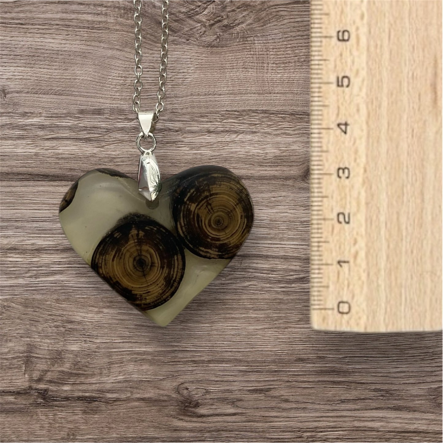 Heart Necklace / Clear Resin with 3 Wooden Discs / rbc56