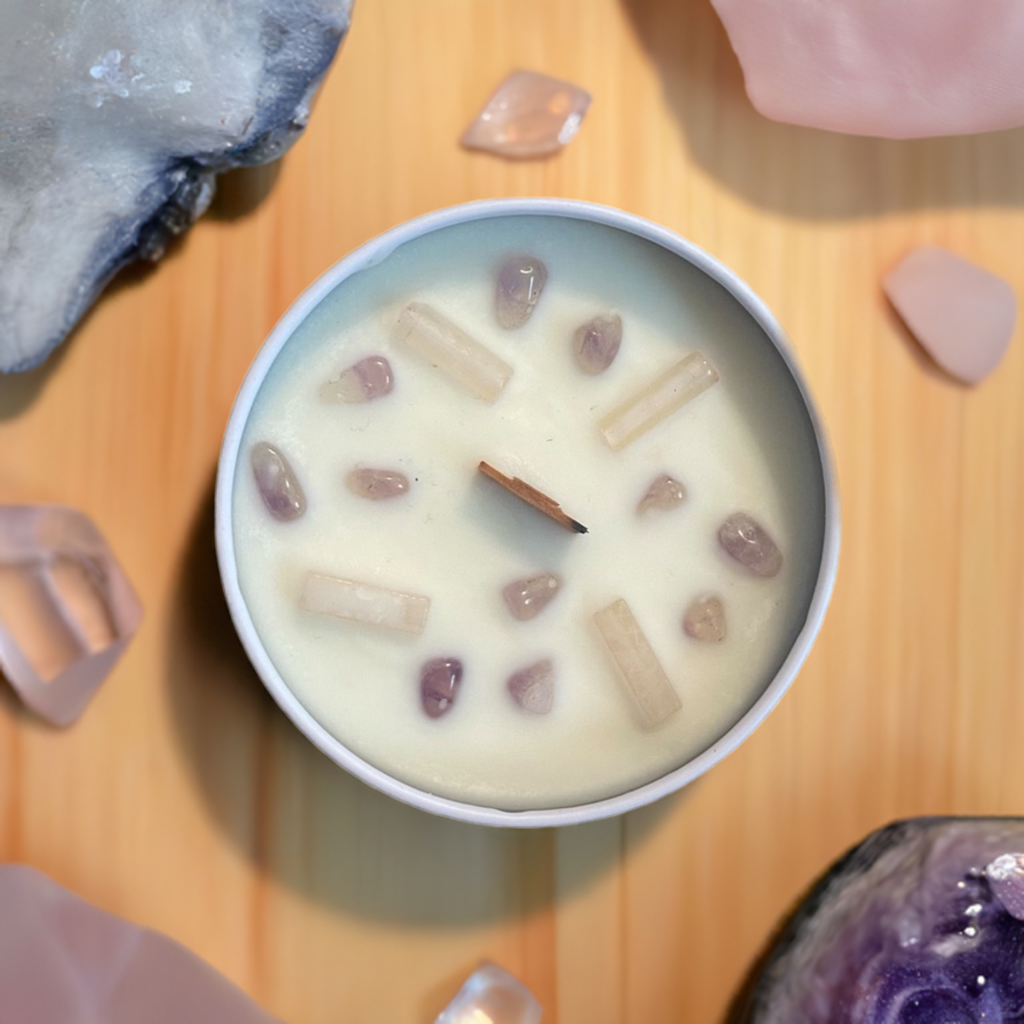 Chandelle parfumée avec pierres améthyste et quartz blanc | Creationsjeanne | $28.00