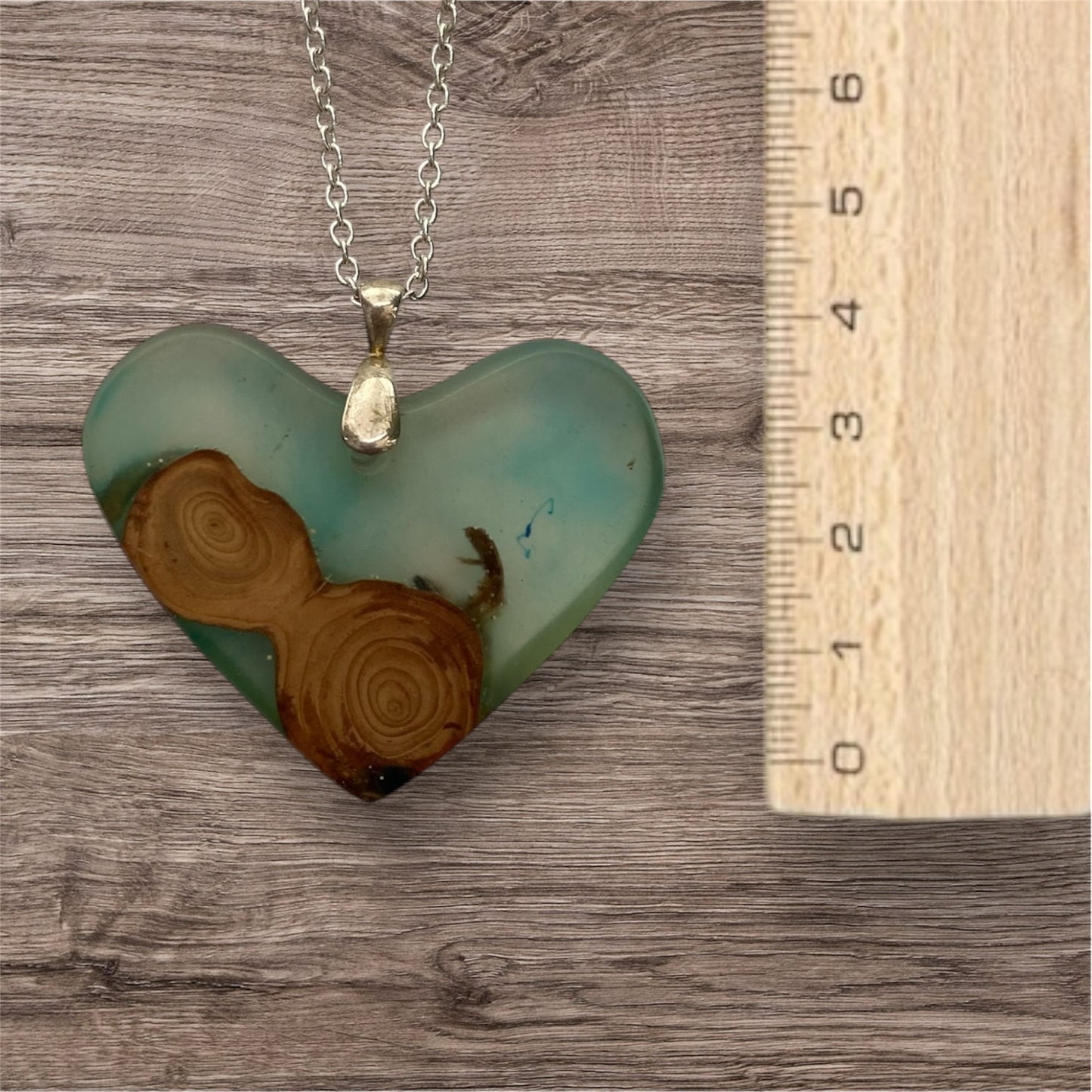 Heart Necklace / Turquoise Resin with Wood / rbc80