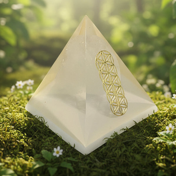 pyramide en resine | Pierre quartz blanche avec géométrie sacré
