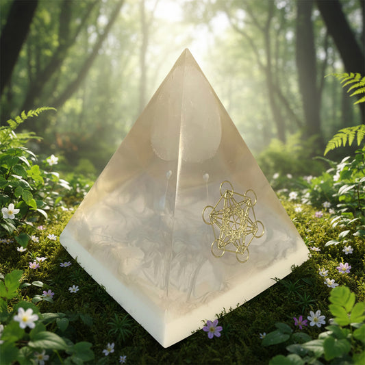 Pyramide quartz blanc forme oeuf, symbol doré collant doré métatron