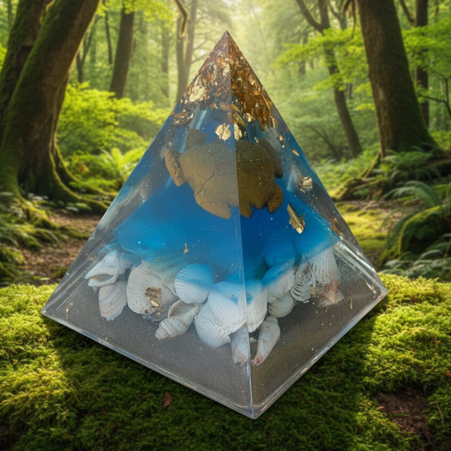 Pyramide pierre oeil de tigre, forme tortue, style océan, coquillage, bleu, sable de l’Ile Manitoulin et mcx feuilles or