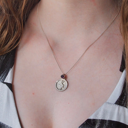 Fossil Ammonite & Engraved Wolf Sterling Silver Necklace

