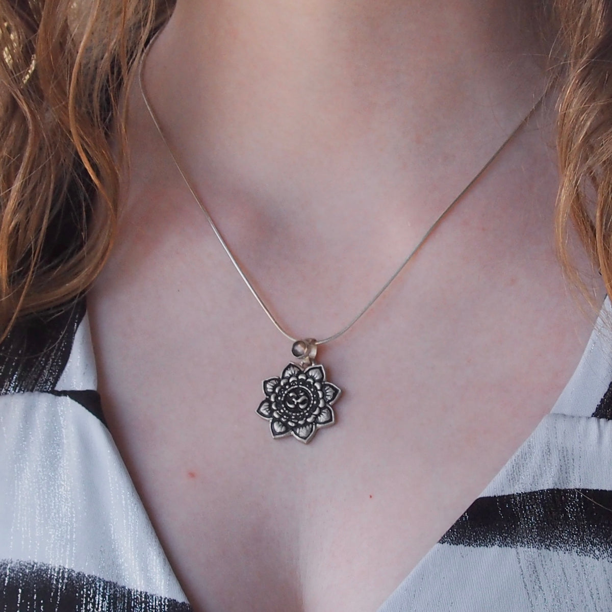 Fossil Ammonite & Engraved Wolf Sterling Silver Necklace
