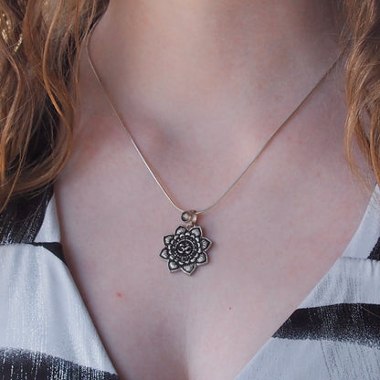 Fossil Ammonite & Engraved Wolf Sterling Silver Necklace
