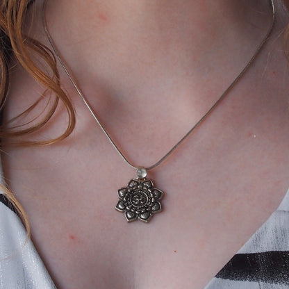 Fossil Ammonite & Engraved Wolf Sterling Silver Necklace
