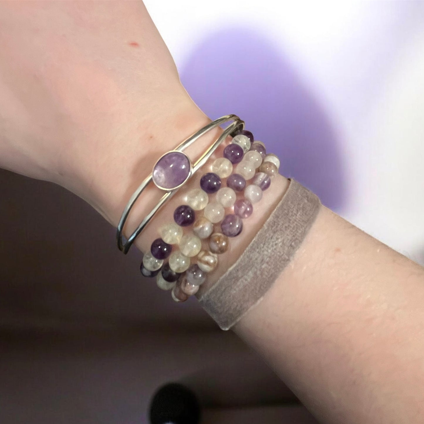 Bracelet jonc double bande argenté cabochon violet améthyste, bijou artisanal femme