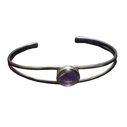 Bracelet manchette argent pierre semi-précieuse améthyste cabochon, bijou minimaliste fait main