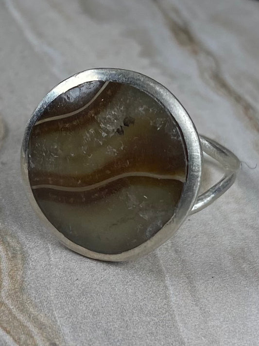 Bague ammonite fossile forme rond & Monture double fils en Argent Sterling