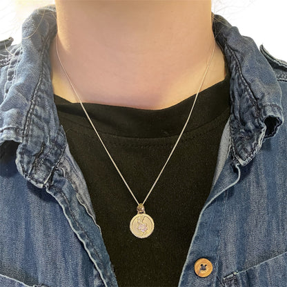 Fossil Ammonite & Engraved Wolf Sterling Silver Necklace
