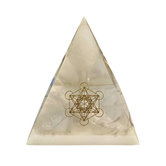 Pyramide quartz blanc forme oeuf, symbol doré collant doré métatron