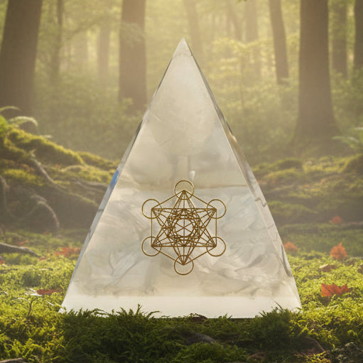 Pyramide quartz blanc forme oeuf, symbol doré collant doré métatron
