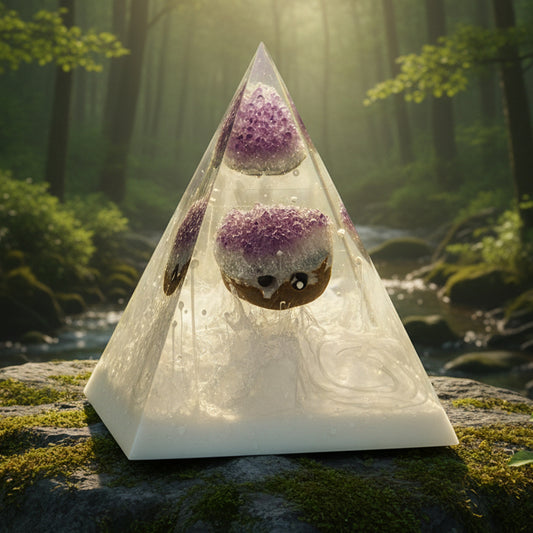 Pyramide avec hérisson en améthyste, blanc qui pleut genre