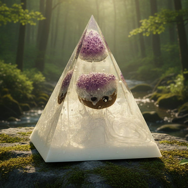Pyramide avec hérisson en améthyste, blanc qui pleut genre