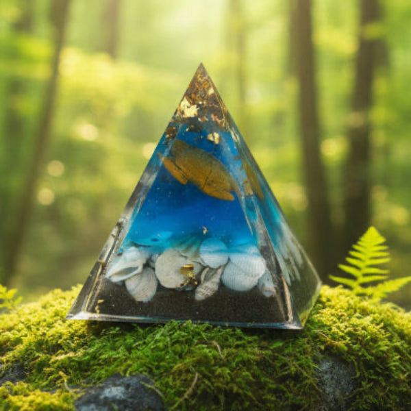 Pyramide pierre oeil de tigre, forme tortue, style océan, coquillage, bleu, sable de l’Ile Manitoulin et mcx feuilles or