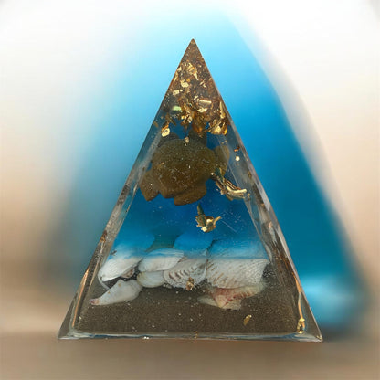Pyramide pierre oeil de tigre, forme tortue, style océan, coquillage, bleu, sable de l’Ile Manitoulin et mcx feuilles or