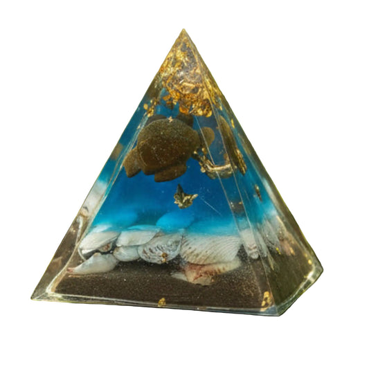Pyramide pierre oeil de tigre, forme tortue, style océan, coquillage, bleu, sable de l’Ile Manitoulin et mcx feuilles or