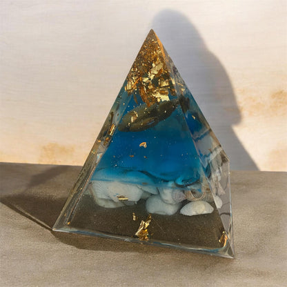 Pyramide pierre oeil de tigre, forme tortue, style océan, coquillage, bleu, sable de l’Ile Manitoulin et mcx feuilles or