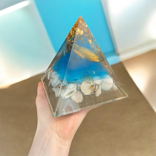 Pyramide pierre oeil de tigre, forme tortue, style océan, coquillage, bleu, sable de l’Ile Manitoulin et mcx feuilles or