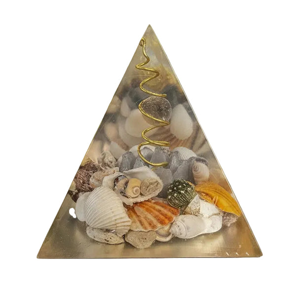 Pyramide fleur de lotus orange avec 1 pierre sphère quartz fumé et coquillages