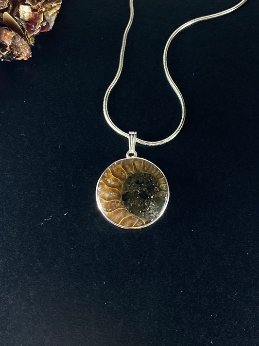 Fossil Ammonite & Engraved Yin-Yang Sterling Silver Necklace
